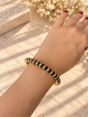 Gold Black Stainless Steel Beaded Bracelet Leather Bangle Unisex